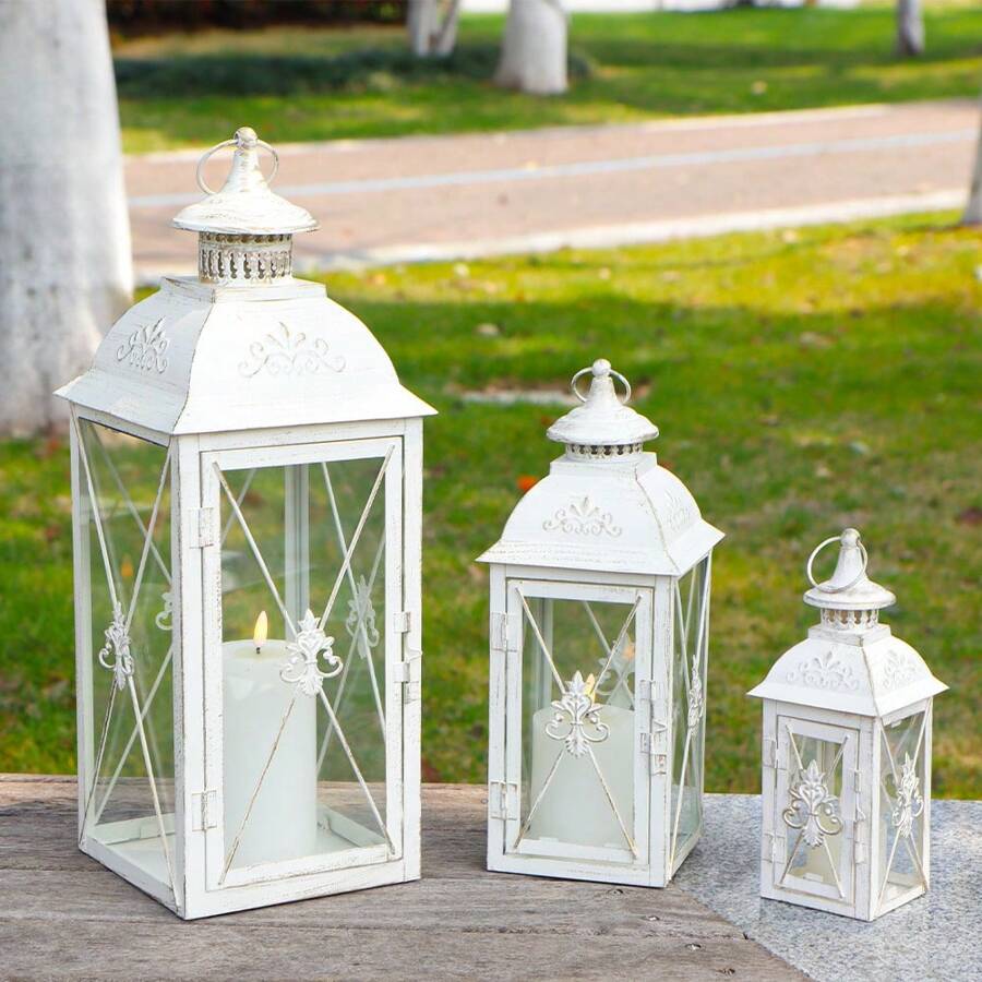 Set Of 3 Decorative Candle Lantern 19''&13"&10" H Vintage Metal Candle Holder With Tempered Glass Perfect For Garden Yard Patio Wedding Parties Events Indoors NOT Including Candles - White - View 1