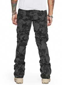 Men Camo Print Flap Pocket Drawstring Waist Cargo Pants - Black - View 2