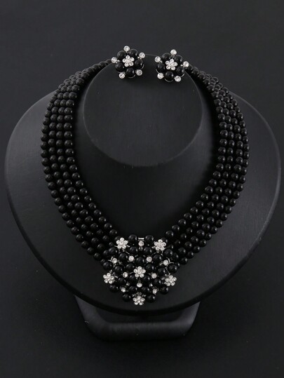 Conjunto de 3 piezas de collar, aretes y joyería con flores y perlas falsas, ideal para la cena, la boda, la novia, accesorios de boda, Día de San Valentín, mamá, madre, Día de la Madre, regalo