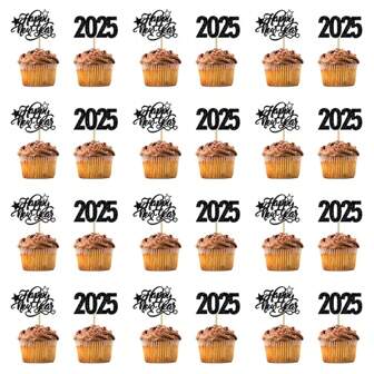 24 pezzi 2025 Decorazioni per Cupcake Buon Anno, Topper Torta con Glitter Hello 2025, Pick per Torta Saluti al 2025, Decorazioni per Torta Benvenuto 2025 Tema Felice Anno Nuovo Invernale Vacanze Festa Forniture Nero