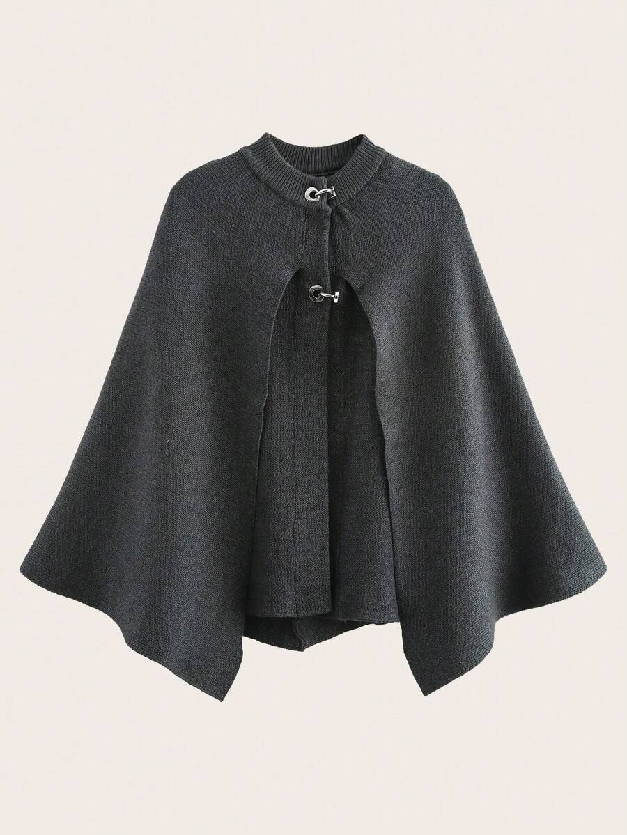 斗篷设计圆领针织开衫，纯色，简约风格，休闲日常穿着