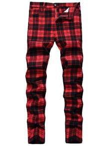 Plaid Panst For Men - Skinny Mens Dress Pants - Stretch Slim Fit Business Casual Dress Chinos Pants For Men - 紅色 - 查看 1