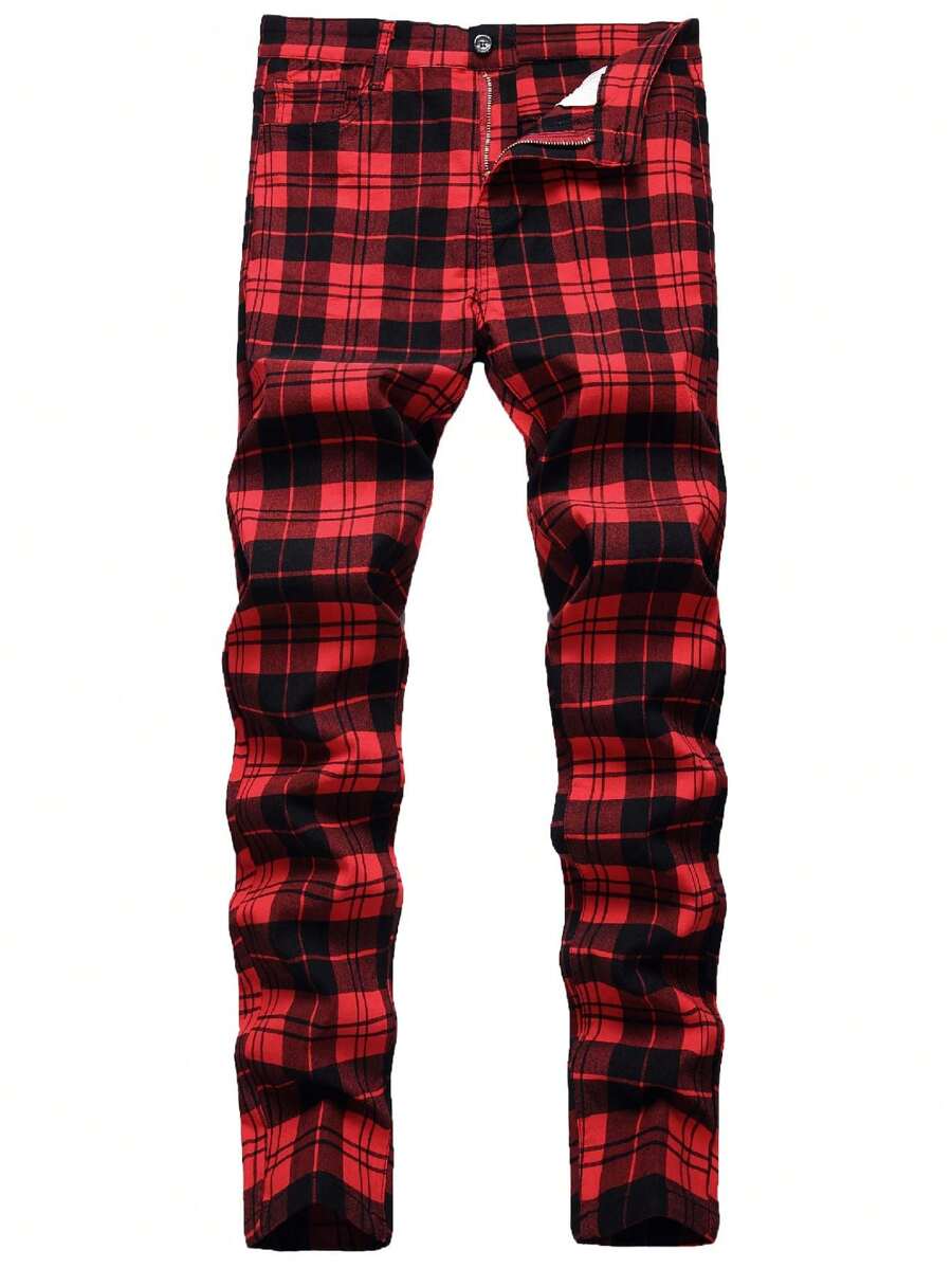 Plaid Panst For Men - Skinny Mens Dress Pants - Stretch Slim Fit Business Casual Dress Chinos Pants For Men - 紅色 - 查看 1