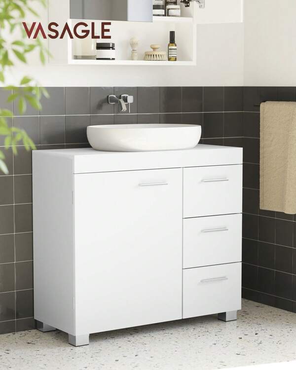 VASAGLE Mobile Sottolavabo per Bagno, Mobiletto da Bagno, 3 Cassetti Laterali, 2 Scomparti dietro l'Anta, per Lavabi con Colonna, con Piedini, 30 x 70 x 64 cm, Bianco Nuvola