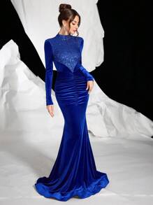 天鹅绒长袖修身正式晚礼服，立领，弹力美人鱼尾，秋冬，派对礼服，婚礼宾客礼服，晚礼服