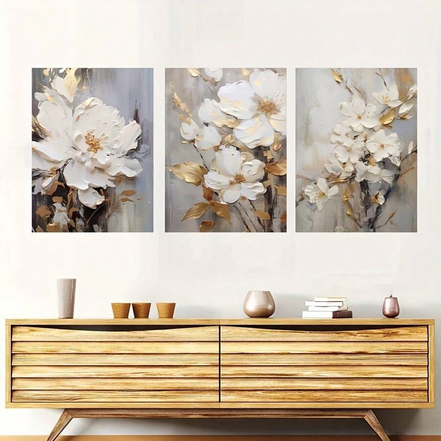 3-Piece Set Of Abstract White Floral Canvas Prints With Golden Leaves ...
