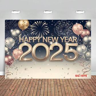 新年快乐背景 2025 新年派对装饰横幅黑色和金色新年快乐除夕横幅白色和金色气球闪光新年背景