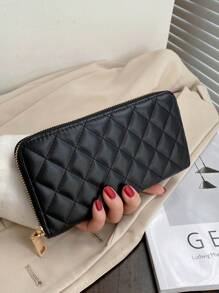 1pc Quilted Decor PU Leather Zipper Long Wallet, Fashionable For Women Daily Use And Gift Wallet Purse Wallet Mini Wallet