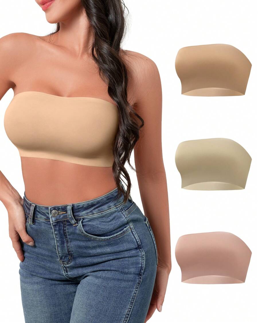 SHARICCA 3PCS Women's Strapless Bra Non-Slip Silicone Non-Padded Basic Bra Wireless Tube Bra - SET-4 - 查看 1