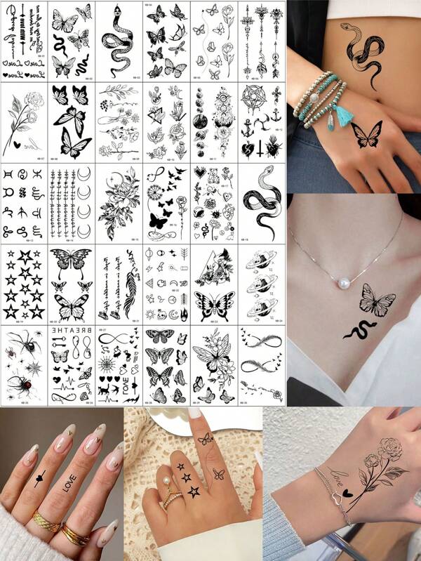 30 pièces Tatouages temporaires pour les mains, la poitrine, les poignets, les doigts et la décoration corporelle, autocollants de tatouage papillon noir fleurs pour femmes et hommes, tatouage factice imperméable lune cœur serpent araignée