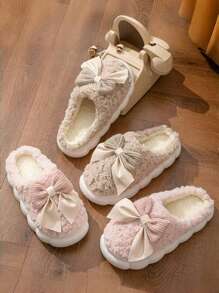 蝴蝶结包，室内女士家居鞋，保暖家居鞋 - 卡其色 - 查看 5