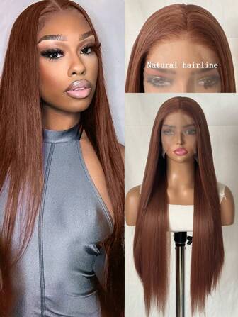 Brown Lace Front Long Straight Synthetic Wig With 13*4 Lace Front, Pre-Plucked Natural Hairline, Heat-Resistant Fiber Wig For Fashion Women