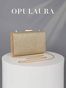 Túi cầm tay dạ hội hình hộp sang trọng sáng bóng OpulAura dành cho nữ, Túi cầm tay trang trọng tối giản theo phong cách Châu Âu dành cho tiệc Gala, tiệc tùng, đám cưới - Túi đeo chéo vuông nhỏ có dây xích, thích hợp cho váy dạ hội, tiệc tùng, tiệc sinh nhật, túi cầm tay cô dâu - Vàng - Xem 1