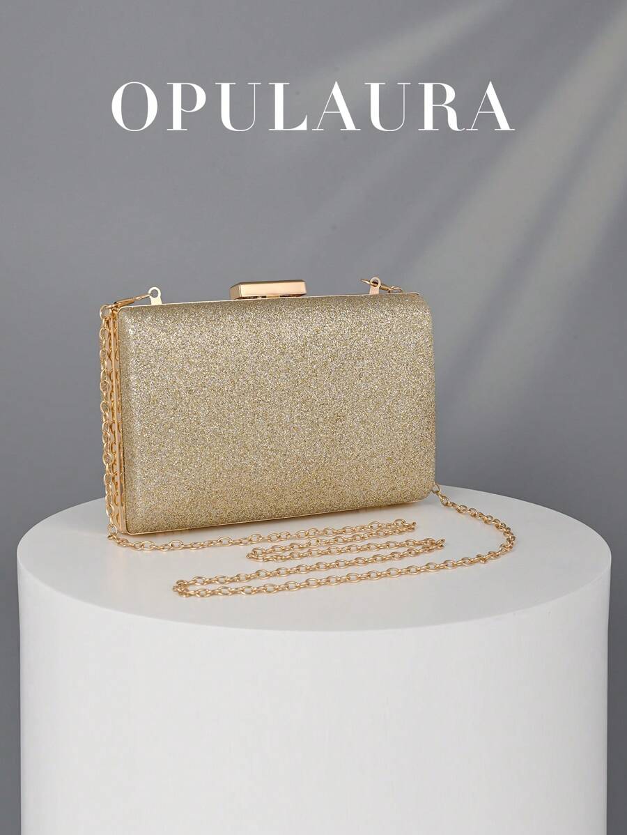 Túi cầm tay dạ hội hình hộp sang trọng sáng bóng OpulAura dành cho nữ, Túi cầm tay trang trọng tối giản theo phong cách Châu Âu dành cho tiệc Gala, tiệc tùng, đám cưới - Túi đeo chéo vuông nhỏ có dây xích, thích hợp cho váy dạ hội, tiệc tùng, tiệc sinh nhật, túi cầm tay cô dâu - Vàng - Xem 1