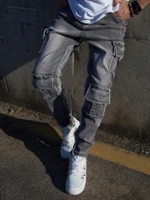 Men's Fashion Streetwear Cargo Jeans, Slim Fit Multi-Pocket Casual Trousers, Emo Style - Grey - View 5