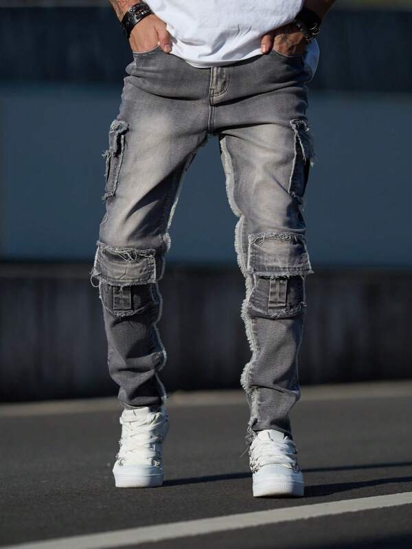 Blugi Cargo Imbracaminte de strada pentru barbati, pantaloni casual cu mai multe buzunare slim fit