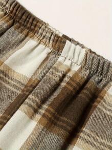 New Plus Size Men's Fashion Plaid Print Button Front Long Sleeve Top And Elastic Waist Pants Pajama Set, Autumn/Winter