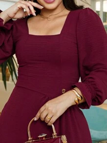 Women's Long Sleeve Midi Mullet Dress With Ruffles Tailoring Square Neckline Spring Summer Christian Evangelical Fashion REF: Angela - Marsala - Xem 2