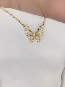 BALMORA 1pc Elegant S925 Sterling Silver Hollow Butterfly Inlaid Crystal Adjustable Clavicle Chain Necklace, Gift For Girlfriend - Gold - View 10