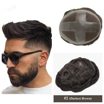 lekika Toupee Men Breathable Lace PU Hair System With Skin Around Male Hair Prosthesis Men Wig For Man 100% Human Hair System Unit Base Size 8x10 Inch 6inch Length 120% Density 2#DARKEST BROWN
