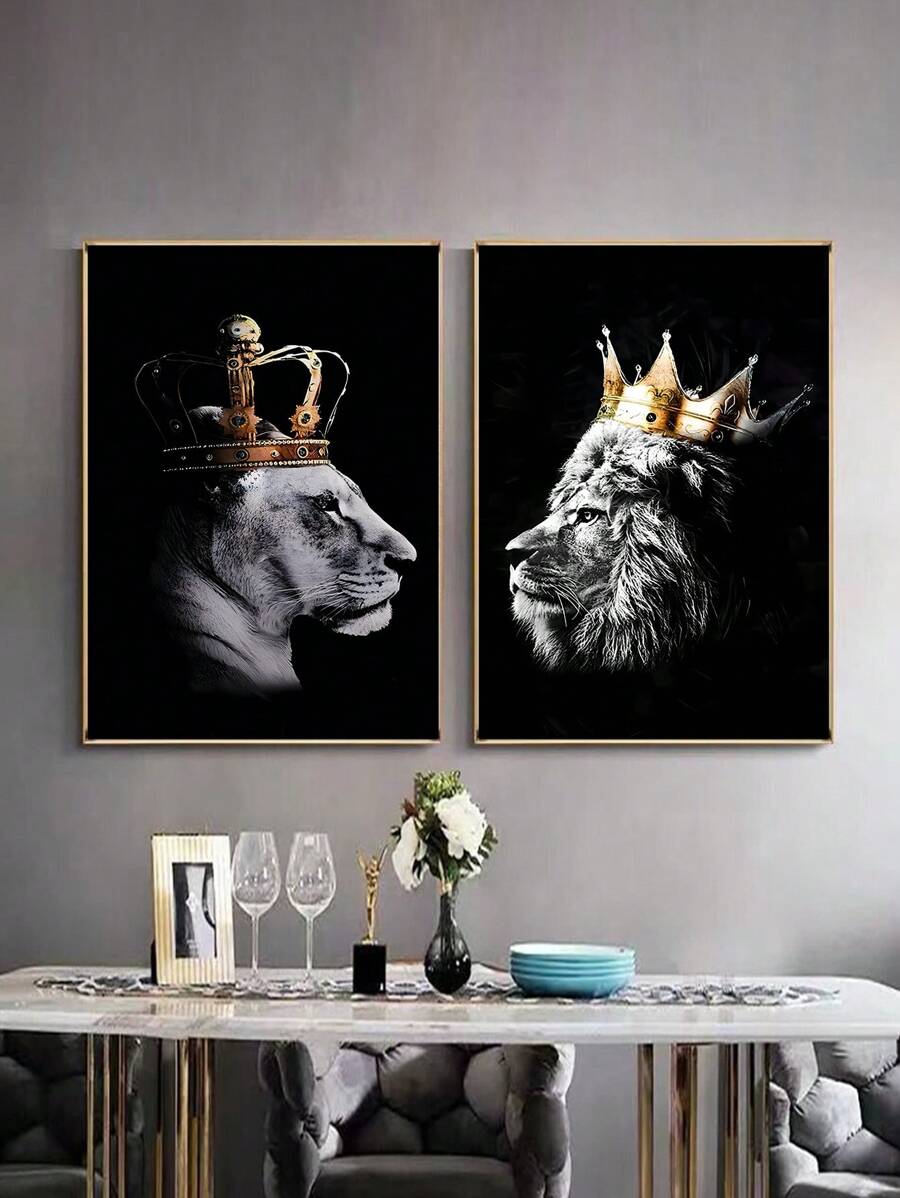 1張黑色現代獅王畫布海報動物極簡主義裝飾畫照片,可掛在臥室客廳裝飾用 - 彩色 - 查看 1