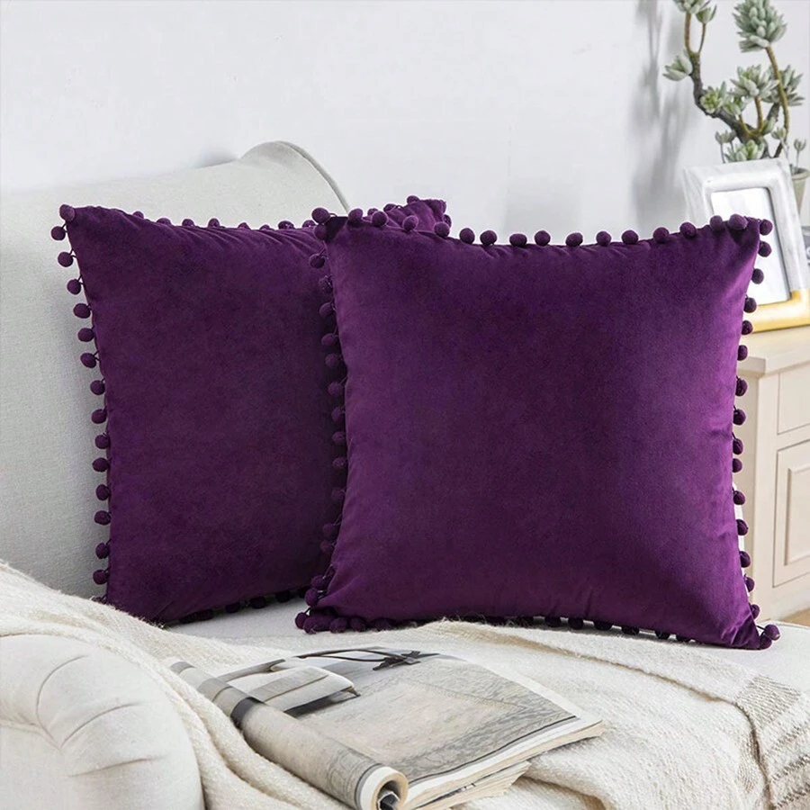 1pc Soft Velvet Pom Pom Decorative Throw Pillow Cover, 18 X 18 Inches - Deep Purple Ball - View 1