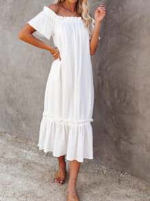 Off-Shoulder Midi Dress With Ruffle Hem And Elasticized Neckline - White - View 4