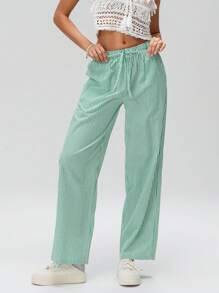Women's Casual Stripe Print Wide Leg Pants Drawstring Elastic Waist Loose Straight Leg Long Pants With Pockets Streetwear