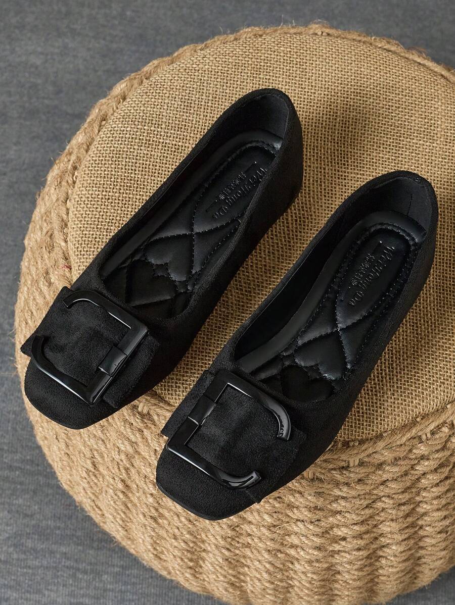 Women's Fashion Square Toe Flat Casual Shoes, Versatile Flats For Jeans, Flared Pants, Various Colors, Soft Sole Flat Slip-On Oxfords In Wine Red Or Black - 靜夜黑色 - 查看 1