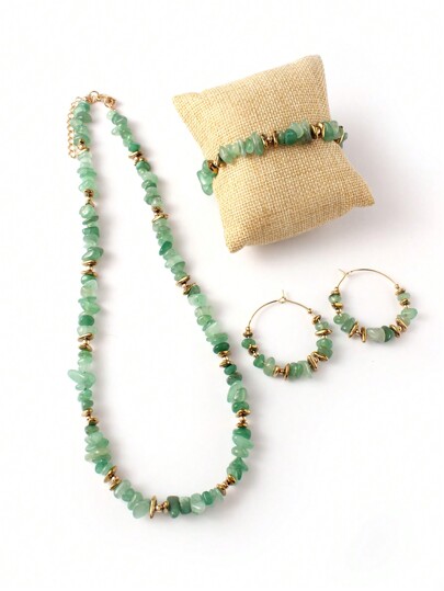 3pcs/Set Bohemian Style Amethyst Crystal Jewelry Set, Includes Necklace, Asymmetrical Stone And Black Tourmaline Stone Earrings, Suitable For Daily Wear And Christmas Gifts