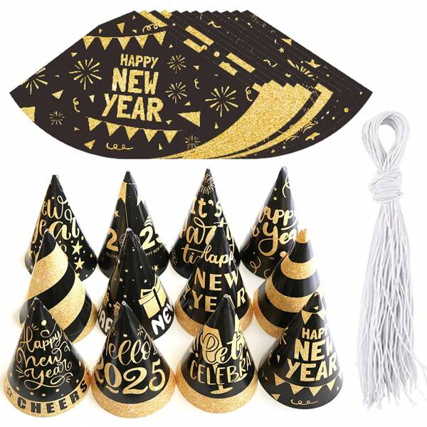 6pcs Black & Gold Paper Hats, Fashionable Accessories For New Year's Eve Party & Celebration, Shine Bright For New Year Moments!