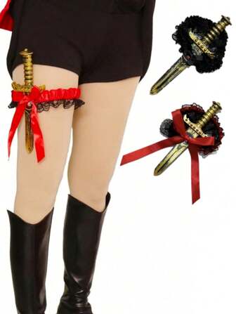 1pc (Black), (Red), Bowknot, Bowknot Leg Ring, Pirate, Pirate , Handmade, Handmade Lace Bow Leg Ring, Lace Leg Ring Sword Set, Leg Ring Set, Suitable For Daily Clothing Decoration, Christmas, Easter, Thanksgiving, Role-Playing, Carnival, Carnival Costume Props, Party Performances, Stage Performances, Daily Cosplay Costumes, Ladies' Favorite, Small Gifts, Most Suitable For Gift Giving Halloween Costume