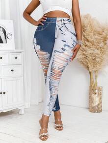 Women Plus Size Faux Cowhide Print Ripped Tight Leggings - Color Matching - View 5