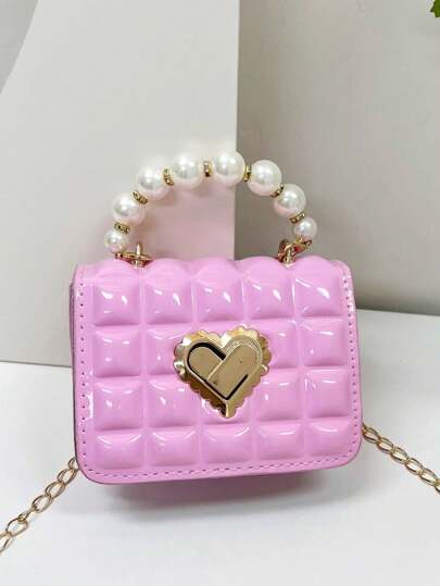 حقيبة سلسلة عبارة عن مربعات منقوشة مزينة بالخرز الزائف مع مقبض علوي من الخرز الزائف، حقيبة يد صغيرة للأطفال