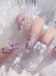 24pcs Purple Press On Nails Medium Coffin Fake Nails Purple And White Gradient Acrylic Nails With 3D Flower Bowknot And Rhinestone Design Glossy Glue On Nails For Women Girls