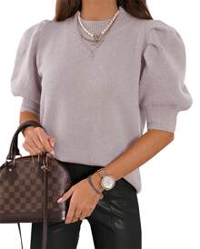 Women's Short Sleeved Sweater Top Knitted Round Neck Loose And Lightweight Pullover With Bubble Sleeves Basic Casual Work Shirt The Spring And Autumn Annals - Xám - Xem 1