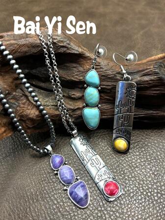 1 套复古西式多色项链吊坠/耳环套装，适合女士、女孩、男士、男孩搭配日常服装、派对配饰、万圣节、圣诞节、家人、朋友、自己的珠宝礼物