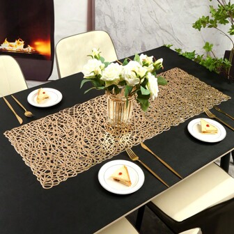 1pc Striped Holiday Table Runner, Gold Foil PVC Heat-Resistant Placemat, Washable Dining Table Pad For Hotel/Restaurant
