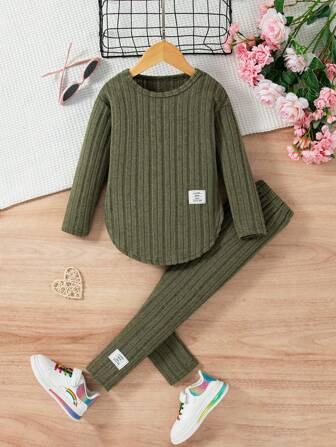 Young Girl Minimalist Solid Color Ribbed Long Sleeve Top + Pants Set