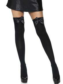 1 par de meias sensuais com laço na coxa, meias pretas e brancas com decoração de laço, meias versáteis da moda para mulheres, adequadas para decorações de festa de Natal, apresentações de palco, cosplay, eventos e festas
