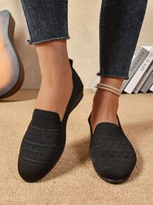 女士纯色舒适厚底一脚蹬鞋，软底透气针织休闲鞋，轻便低帮圆头鞋