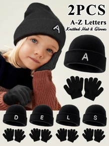 Set de 2 piezas de gorro de punto y guantes suaves, cálidos y a prueba de viento con 26 letras, adecuado para bebés niños y niñas en otoño e invierno