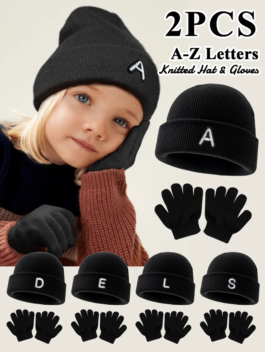 Set de 2 piezas de gorro de punto y guantes suaves, cálidos y a prueba de viento con 26 letras, adecuado para bebés niños y niñas en otoño e invierno