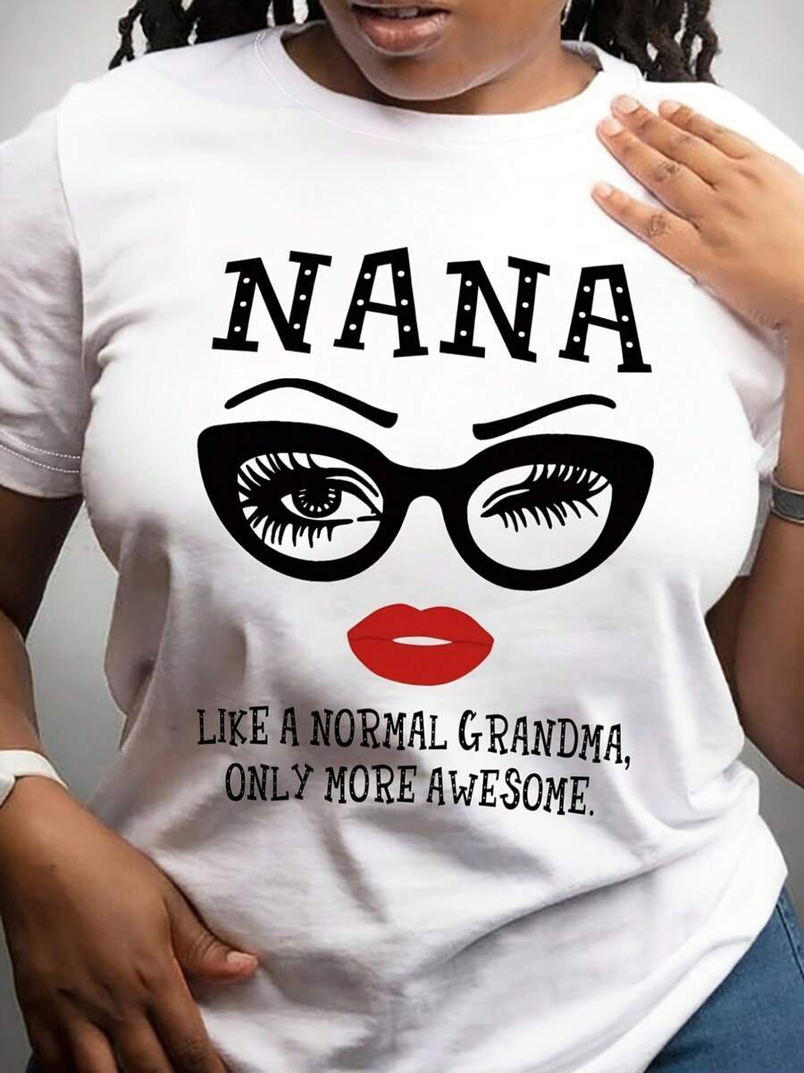 Chic 'Nana' Letter Print Tee - Effortless Style, Comfy Crew Neck, Short Sleeve - Versatile Women's Top For Casual Outings And Everyday Wear - 白色 - 查看 1