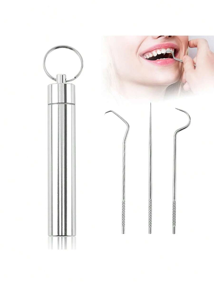 4 Pieces Portable Stainless Steel Toothpick Set, Washable Reusable Metal Toothpick With Storage Box For Teeth Cleaning, Dental Tools For Outdoor Picnic Camping Travel - Multicolor - View 1