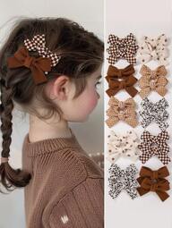 10pcs/Set Baby Girls Kids Beige Polka Dot Plaid Print Fabric Bow Hair Clips Princess Bangs Hair Accessories, Cute Everyday