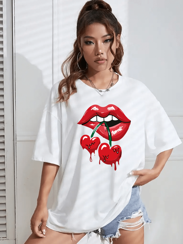 Camiseta Oversized Feminina Cereja Coração