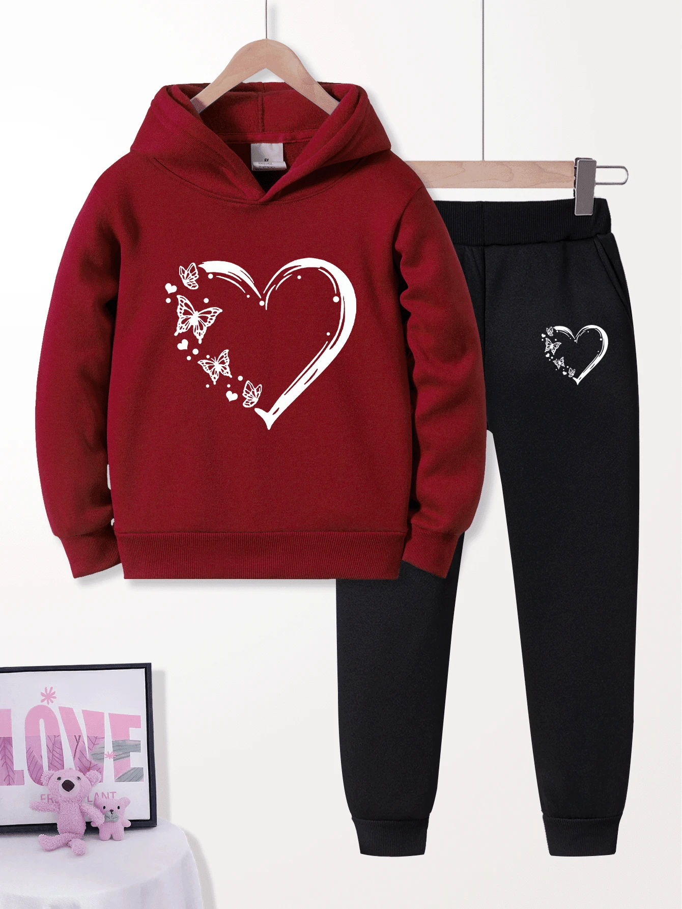 2pcs/Set Young Girls Butterfly & Heart Pattern Hoodie Sweatshirt And Sweatpants Set - Multicolor - View 1
