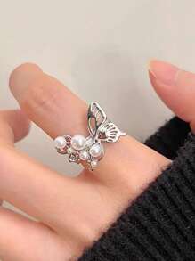 CVNANA 1 chiếc nhẫn bướm ngọt ngào dành cho phụ nữ, nhẹ nhàng và thanh lịch, nhẫn mở ngọc trai giả, nhẫn ngón trỏ thời trang - Bạc - Xem 11