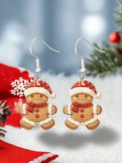 1pair Charming Christmas Cartoon Earrings - Cute Acrylic Dangles With Santa, Gingerbread & Animal Designs For Women - Nickel-Free Alloy Hooks